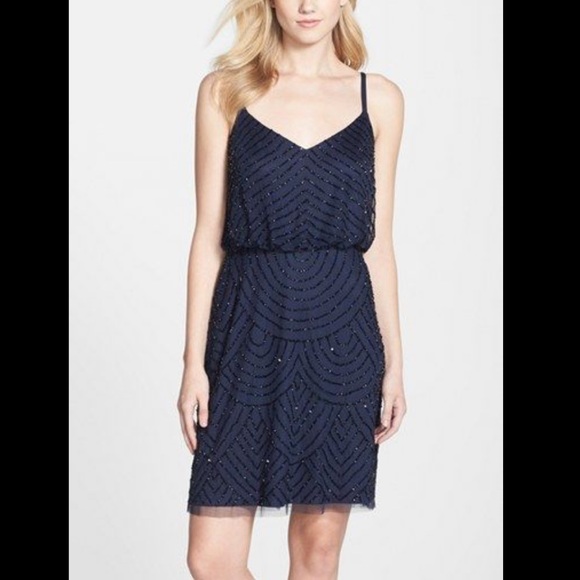 Adrianna Papell Mesh Floral Beaded Sheath Midnight - Picture 6 of 8